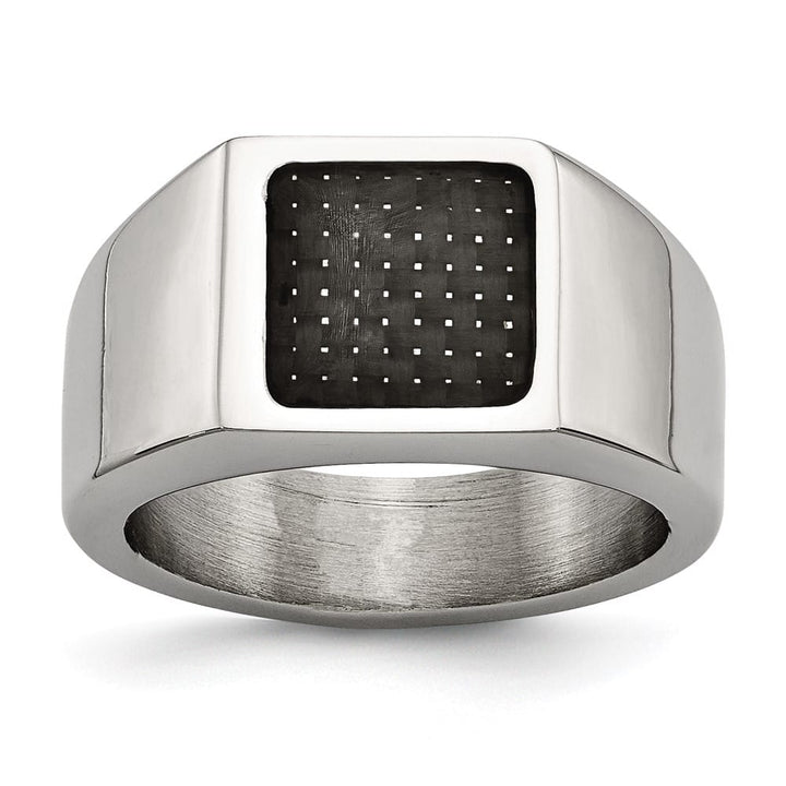 Stainless Steel Chisel Polished Carbon Fiber Inlay Signet Men's Ring