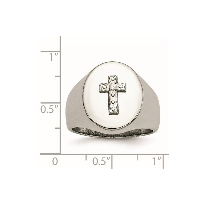 Stainless Steel Chisel Polished with Cross and CZ Signet Men's Ring