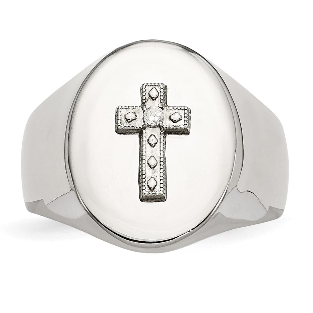Stainless Steel Chisel Polished with Cross and CZ Signet Men's Ring