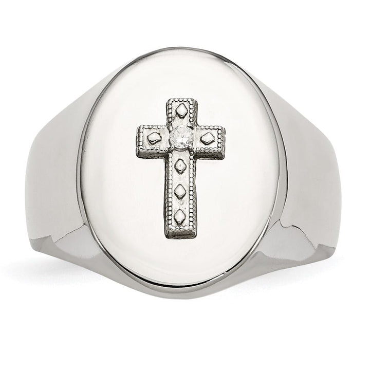 Stainless Steel Chisel Polished with Cross and CZ Signet Men's Ring