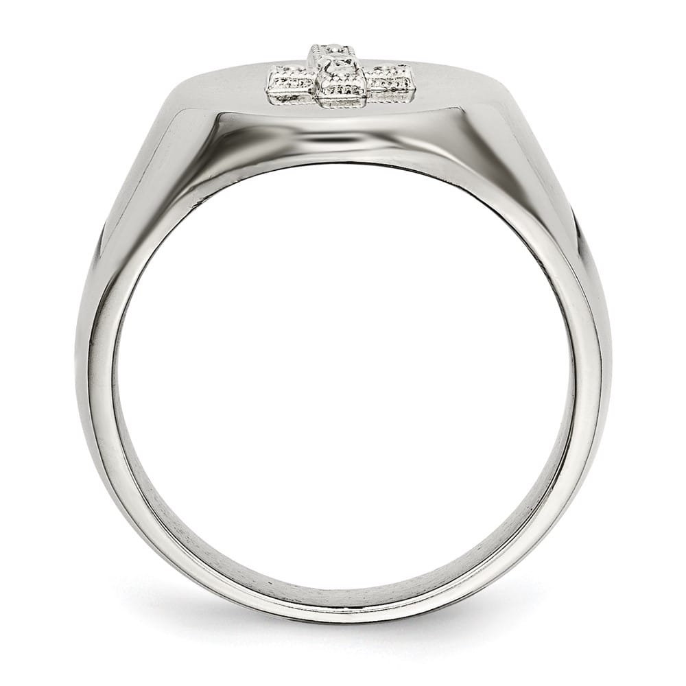 Stainless Steel Chisel Polished with Cross and CZ Signet Men's Ring