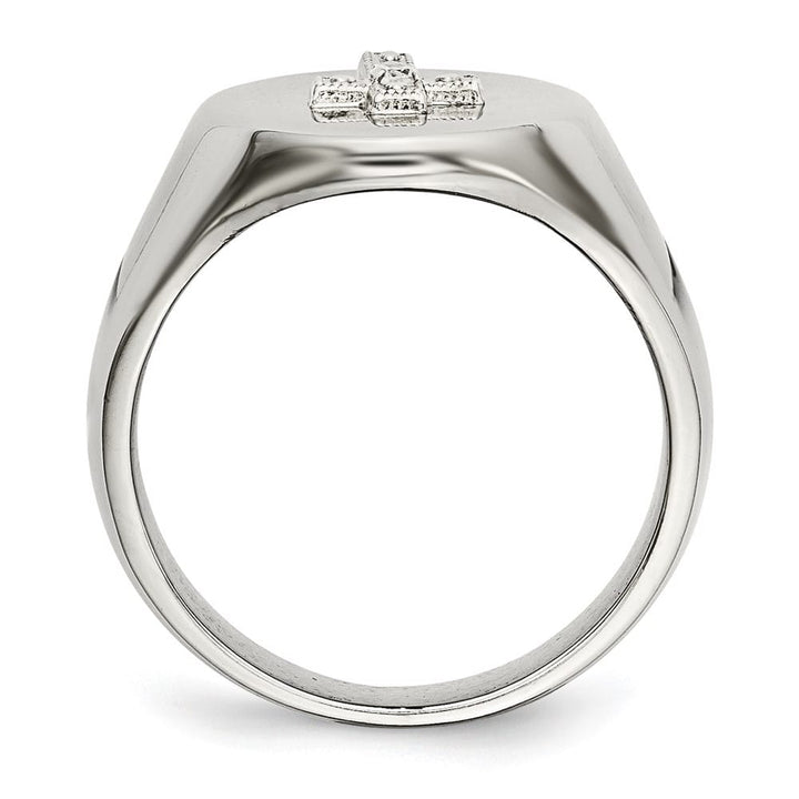 Stainless Steel Chisel Polished with Cross and CZ Signet Men's Ring