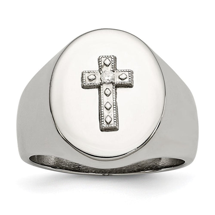 Stainless Steel Chisel Polished with Cross and CZ Signet Men's Ring
