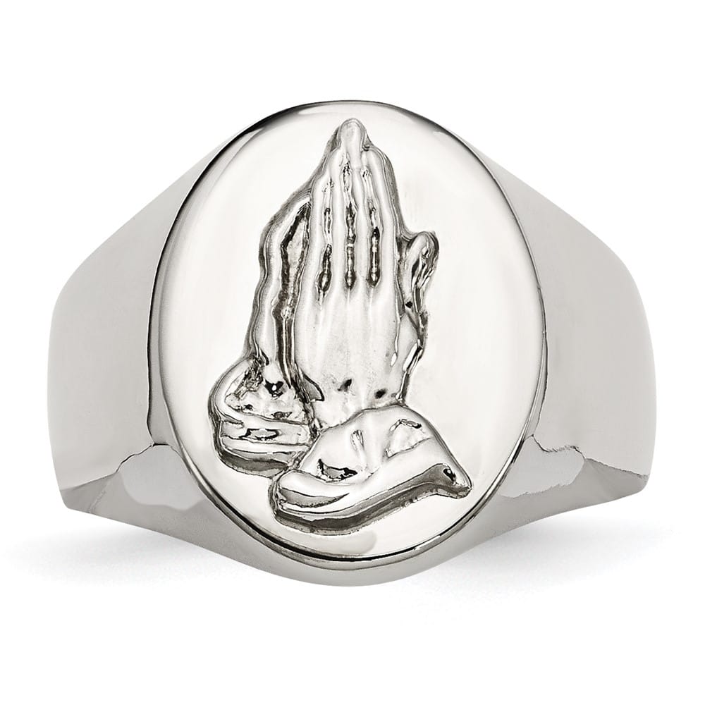 Stainless Steel Chisel Polished with Praying Hands Men's Ring