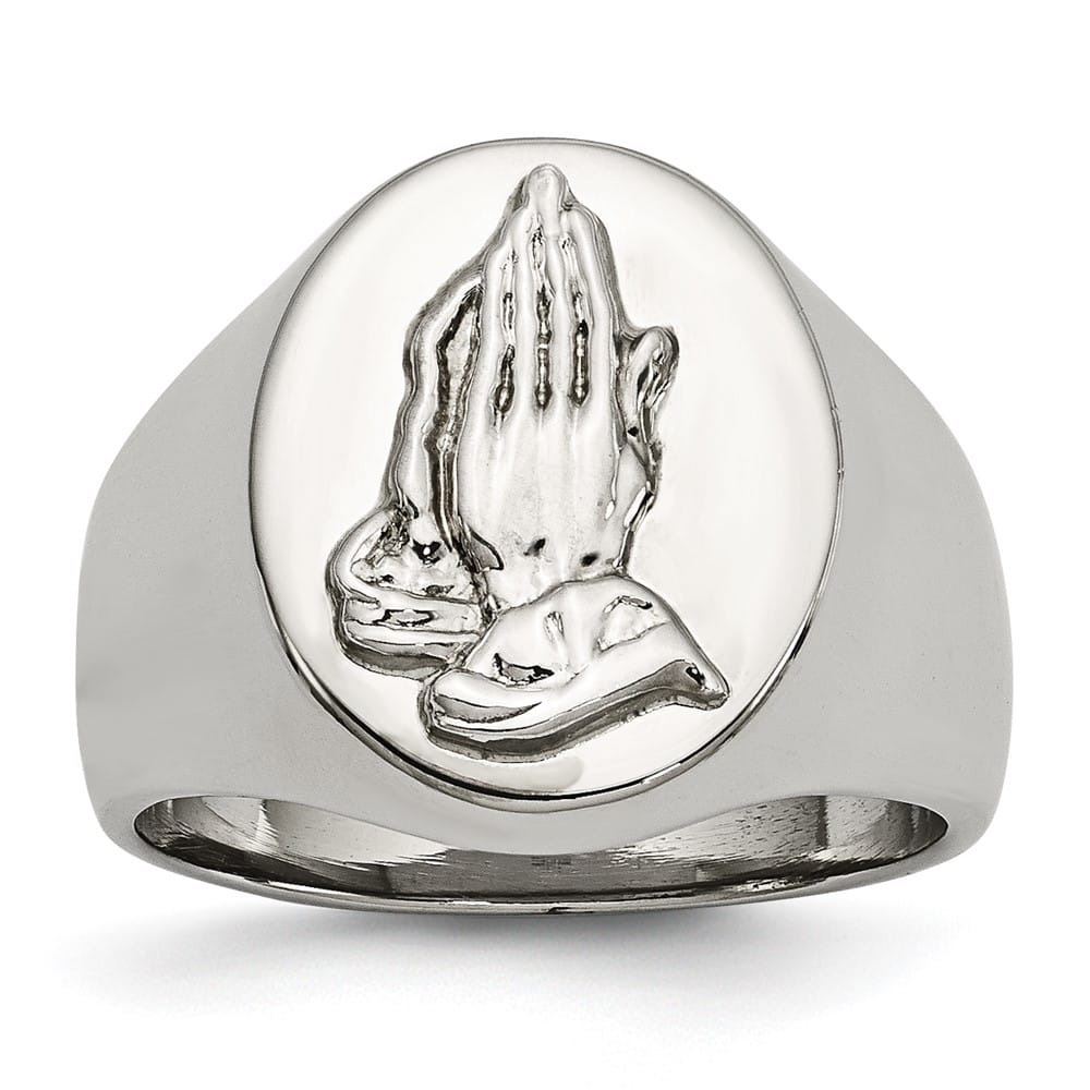 Stainless Steel Chisel Polished with Praying Hands Men's Ring