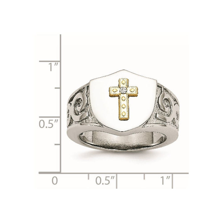 Stainless Steel Chisel with 10K Gold Accents Cross Diamond Men's Ring