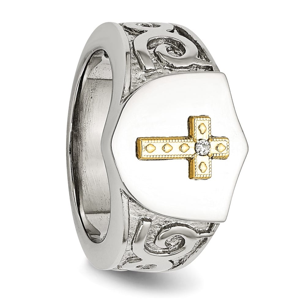 Stainless Steel Chisel with 10K Gold Accents Cross Diamond Men's Ring