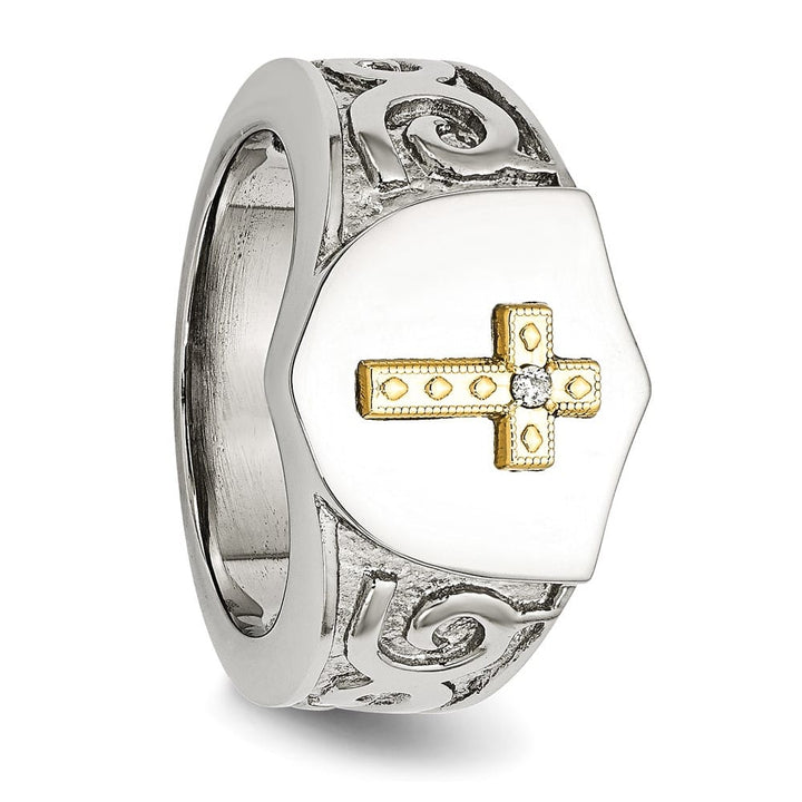 Stainless Steel Chisel with 10K Gold Accents Cross Diamond Men's Ring