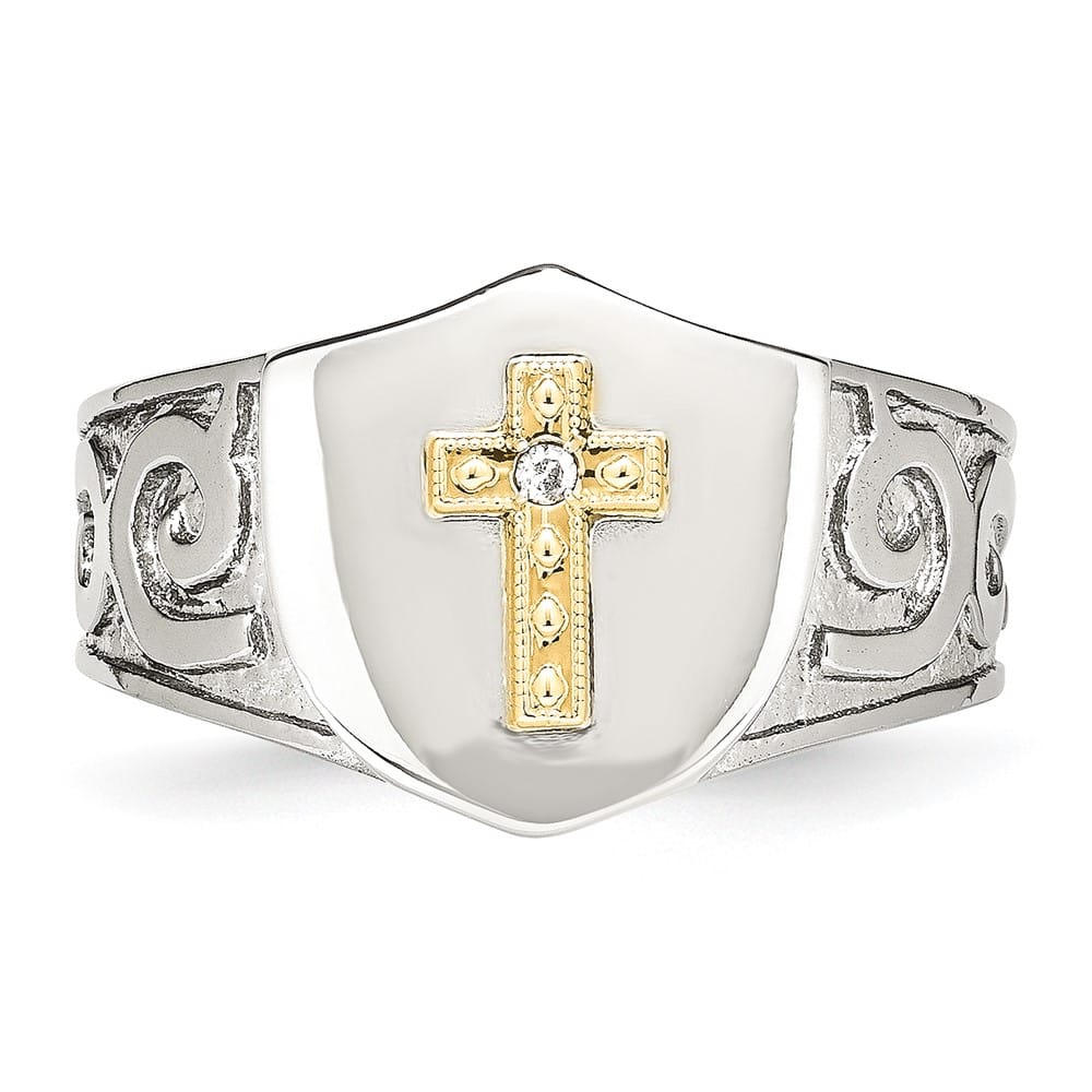 Stainless Steel Chisel with 10K Gold Accents Cross Diamond Men's Ring