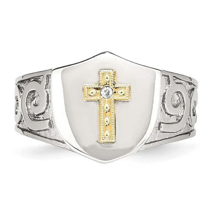 Stainless Steel Chisel with 10K Gold Accents Cross Diamond Men's Ring