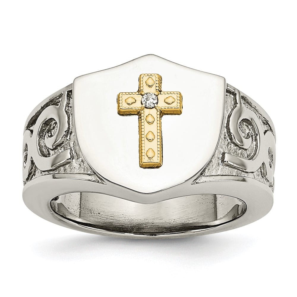 Stainless Steel Chisel with 10K Gold Accents Cross Diamond Men's Ring