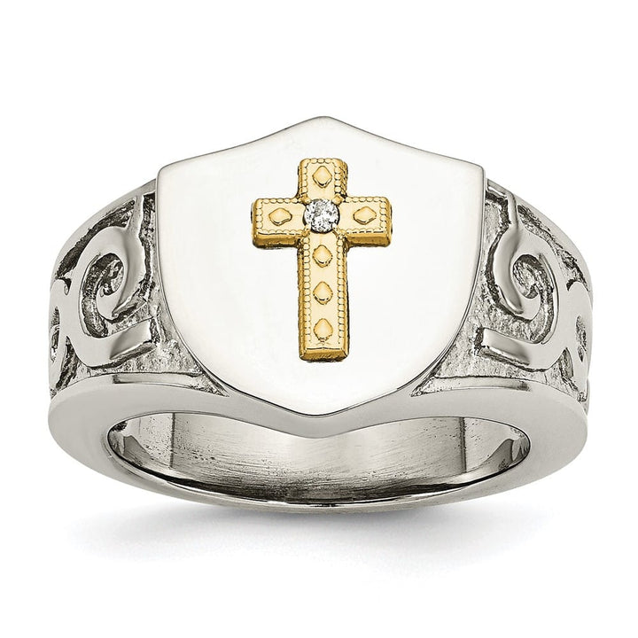 Stainless Steel Chisel with 10K Gold Accents Cross Diamond Men's Ring