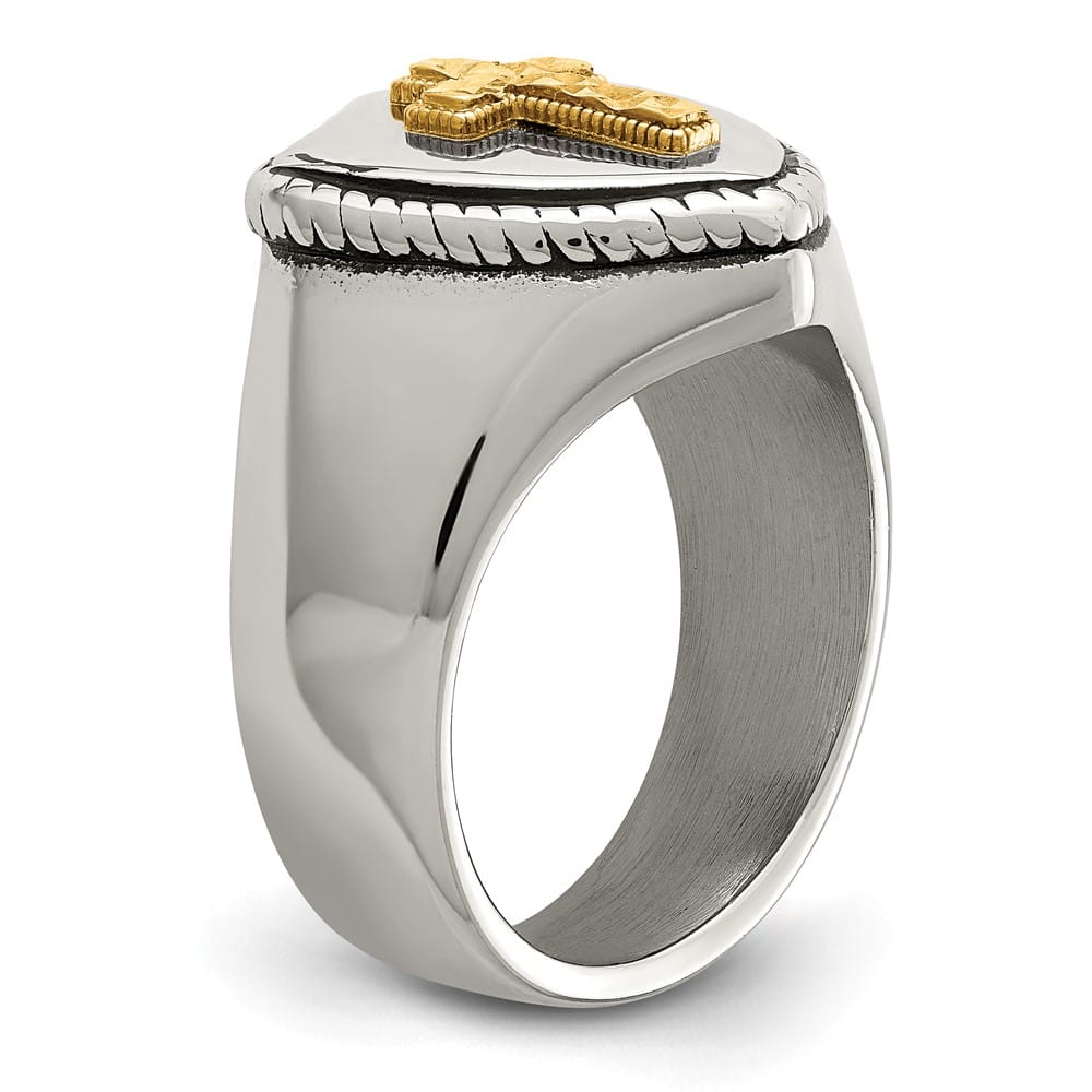 Stainless Steel Chisel with 14K Gold Accent and Cross on Shield Ring
