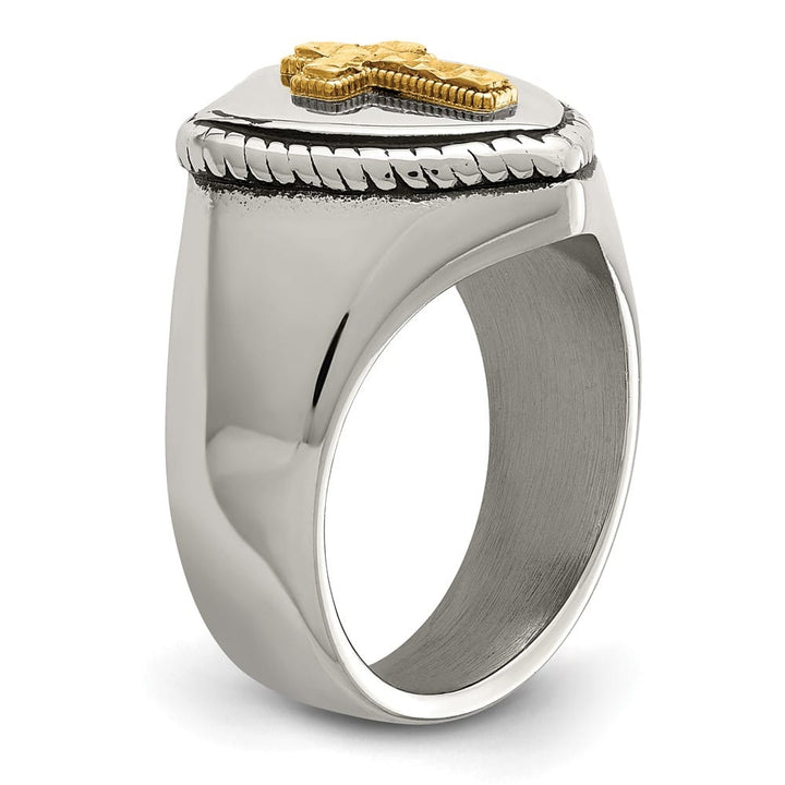Stainless Steel Chisel with 14K Gold Accent and Cross on Shield Ring