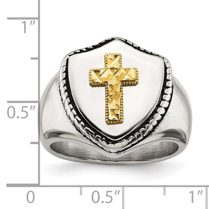 Stainless Steel Chisel with 14K Gold Accent and Cross on Shield Ring