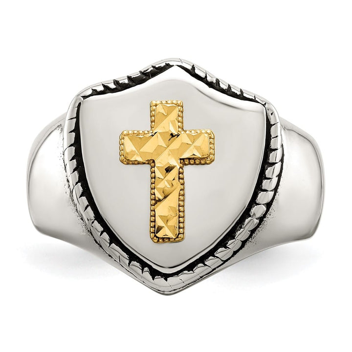 Stainless Steel Chisel with 14K Gold Accent and Cross on Shield Ring