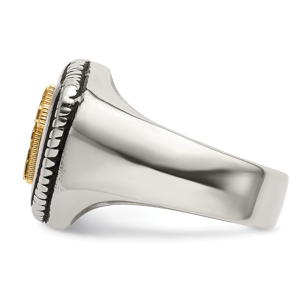 Stainless Steel Chisel with 14K Gold Accent and Cross on Shield Ring