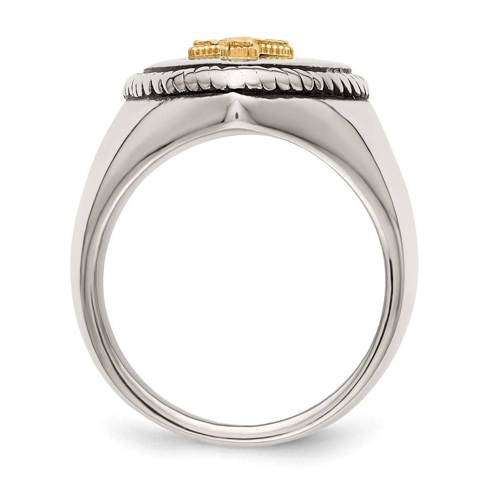 Stainless Steel Chisel with 14K Gold Accent and Cross on Shield Ring