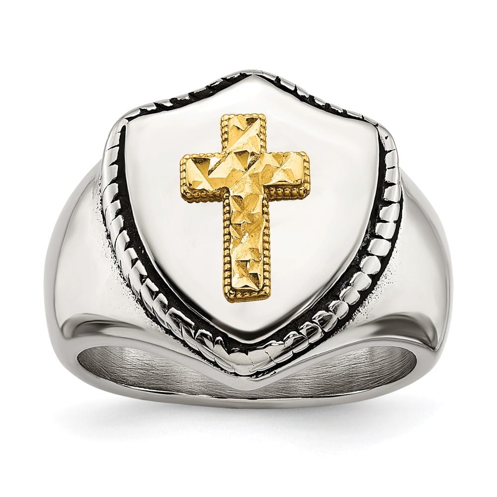 Stainless Steel Chisel with 14K Gold Accent and Cross on Shield Ring