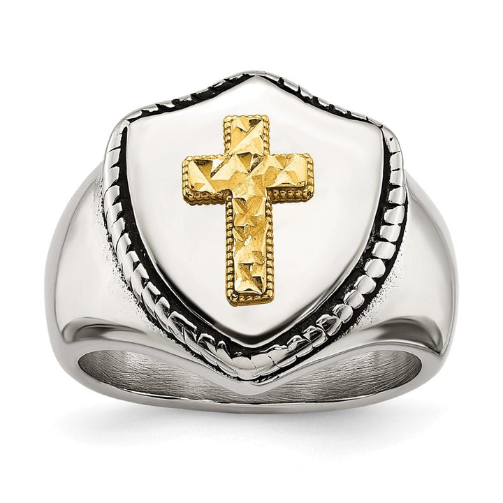Stainless Steel Chisel with 14K Gold Accent and Cross on Shield Ring