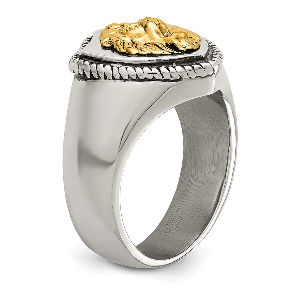 Stainless Steel Chisel with 14K Gold Accent Lion on Shield Men's Ring