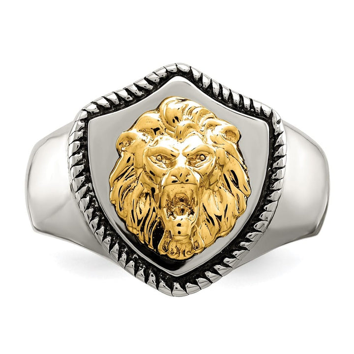 Stainless Steel Chisel with 14K Gold Accent Lion on Shield Men's Ring