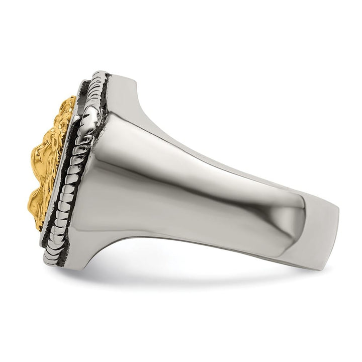 Stainless Steel Chisel with 14K Gold Accent Lion on Shield Men's Ring