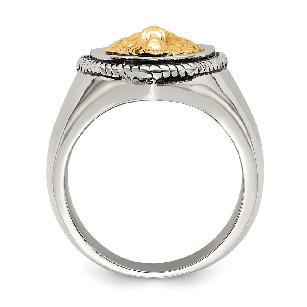 Stainless Steel Chisel with 14K Gold Accent Lion on Shield Men's Ring