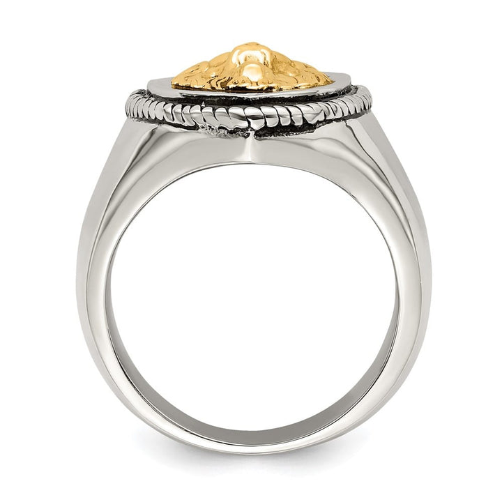 Stainless Steel Chisel with 14K Gold Accent Lion on Shield Men's Ring