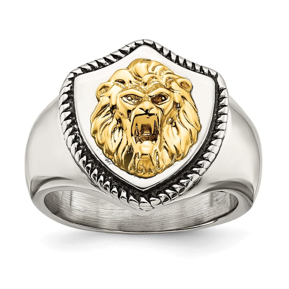Stainless Steel Chisel with 14K Gold Accent Lion on Shield Men's Ring