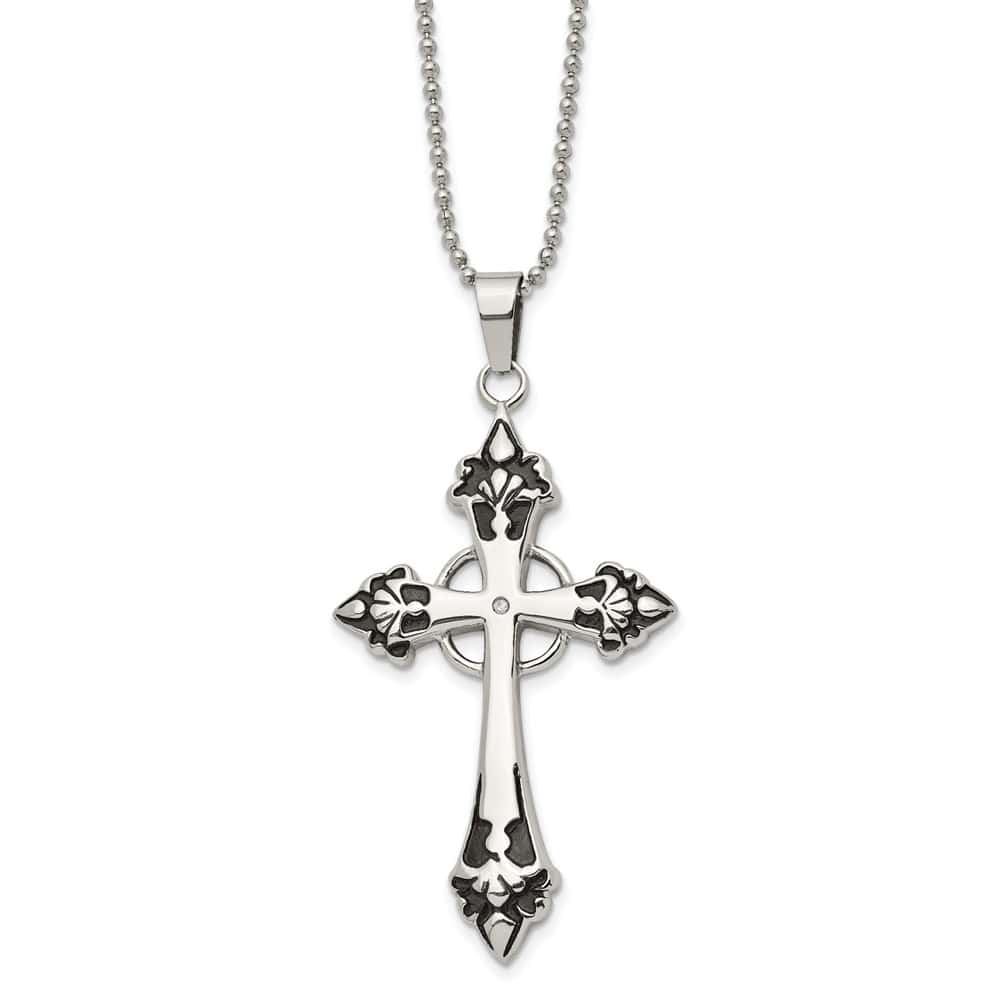 Stainless Steel Diamond Cross on a Ball 64x36 mm 24 inch Necklace