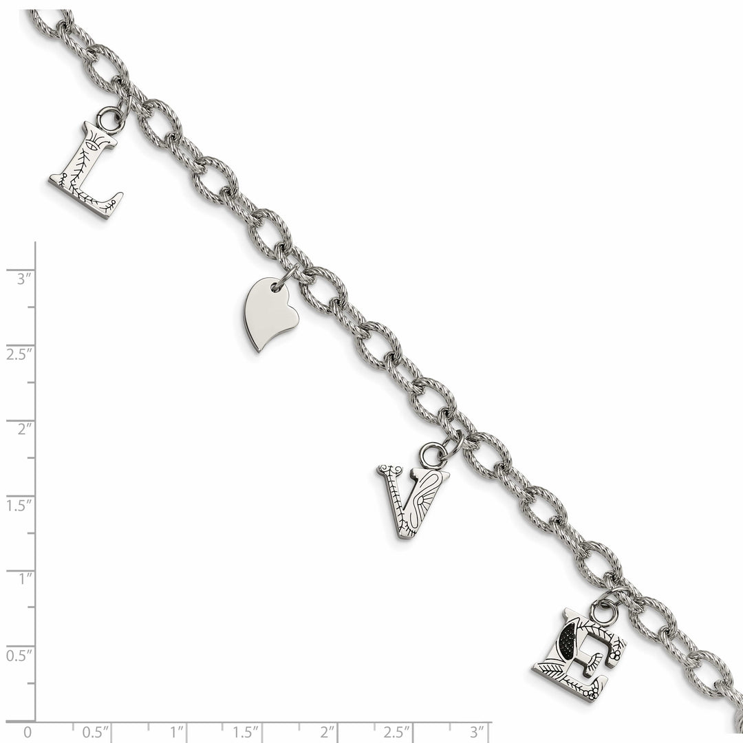 Stainless Steel Polished and Textured LOVE Charm 8.25in Bracelet