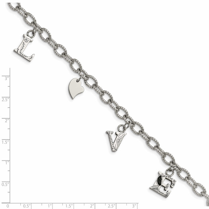 Stainless Steel Polished and Textured LOVE Charm 8.25in Bracelet
