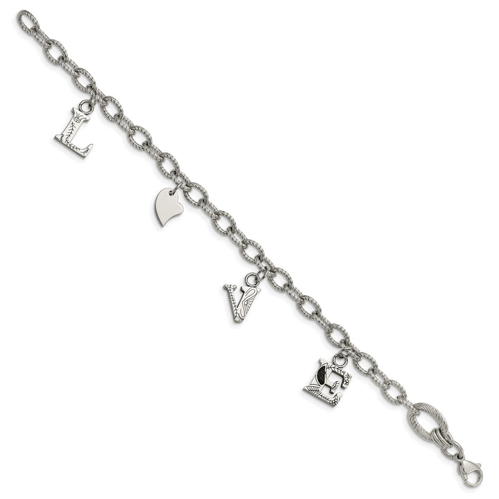 Stainless Steel Polished and Textured LOVE Charm 8.25in Bracelet