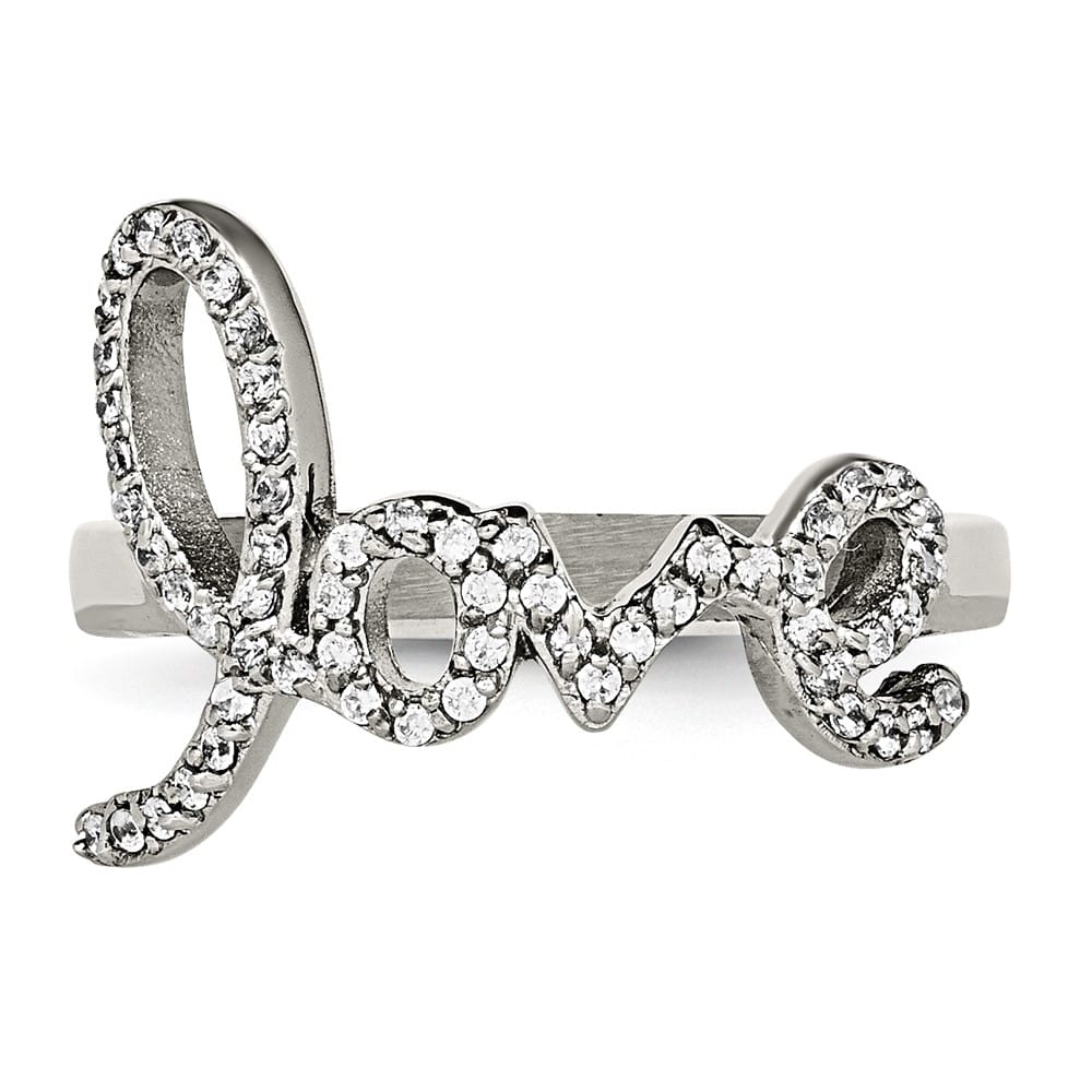 Stainless Steel Polished Love with CZs Ring Ladies Stock Size 6 Ring Are Refundable