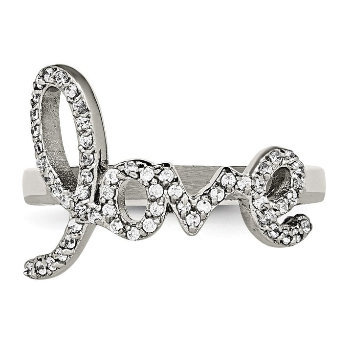 Stainless Steel Polished Love with CZs Ring Ladies Stock Size 6 Ring Are Refundable