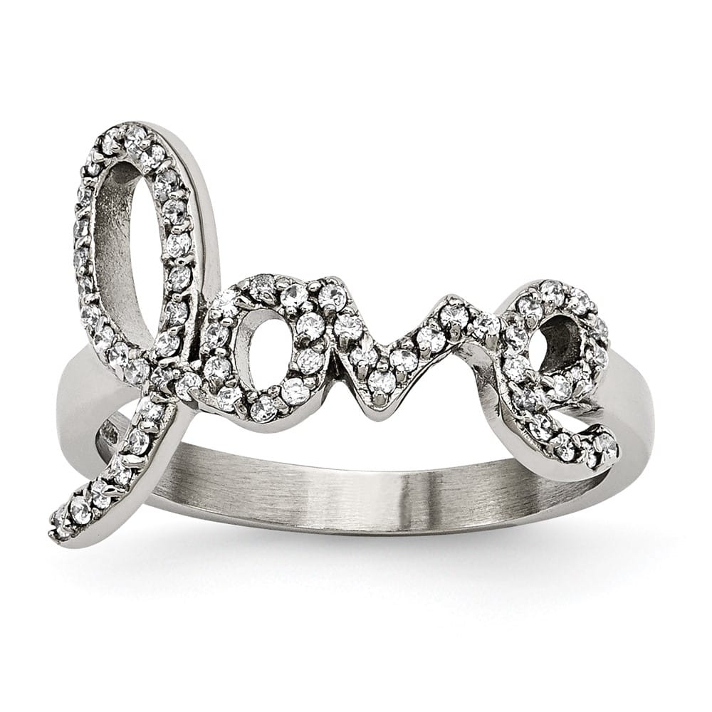 Stainless Steel Polished Love with CZs Ring Ladies Stock Size 6 Ring Are Refundable