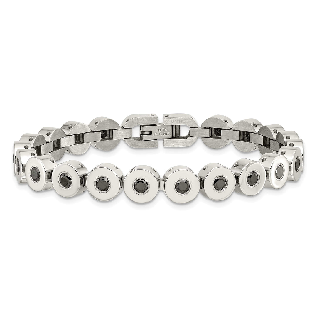 Stainless Steel Polished w/Black CZ 7.5in Bracelet