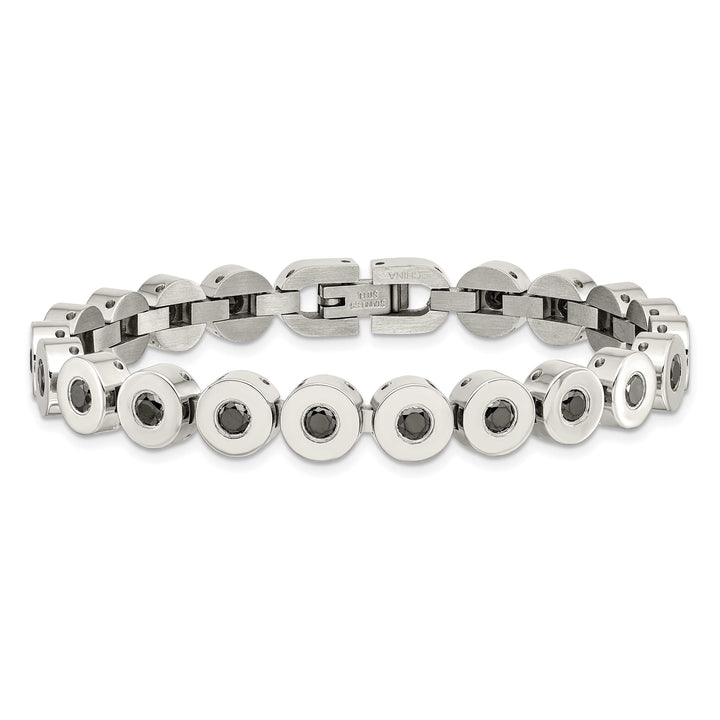 Stainless Steel Polished w/Black CZ 7.5in Bracelet