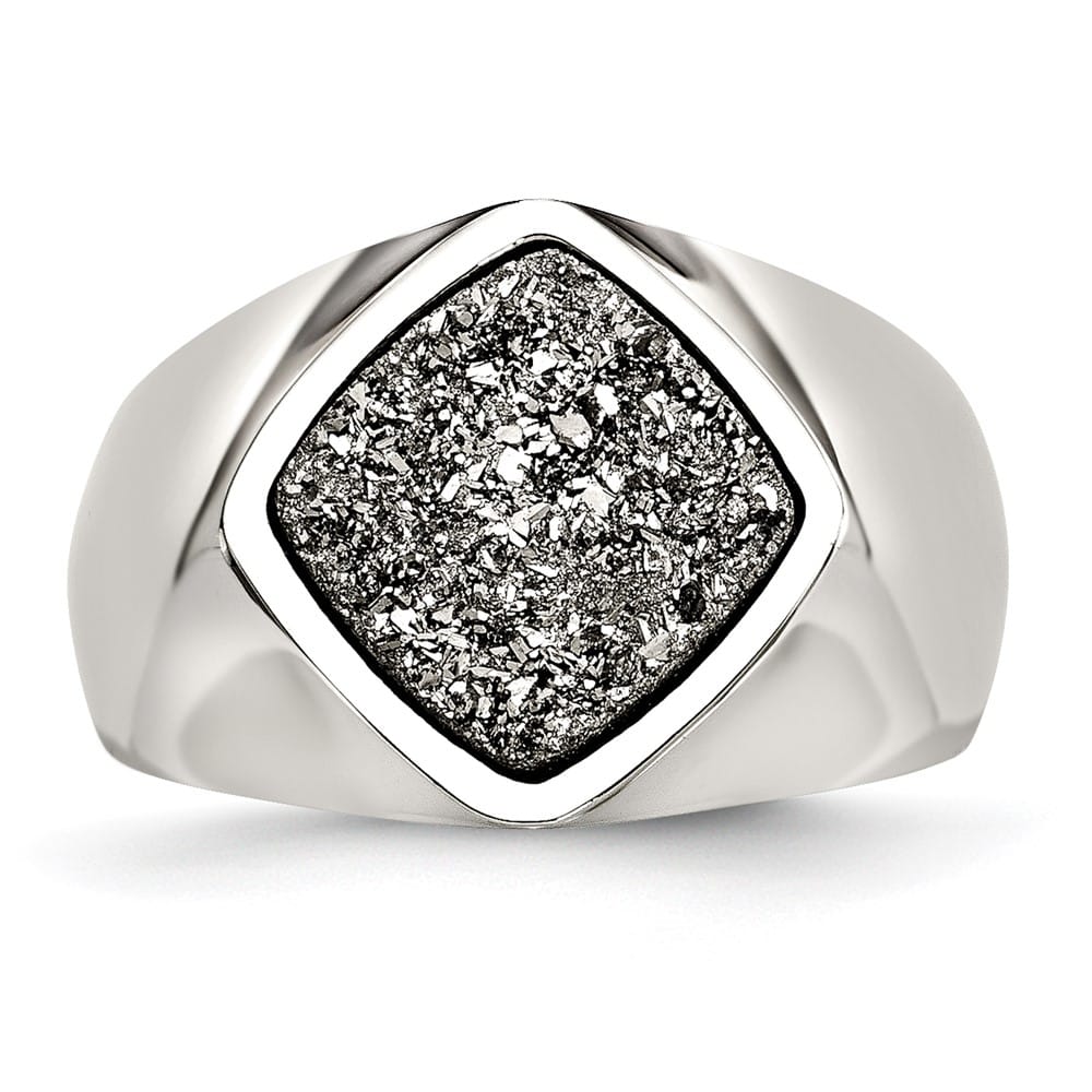 Stainless Steel Polished with Silver Druzy Ring