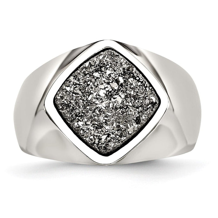 Stainless Steel Polished with Silver Druzy Ring