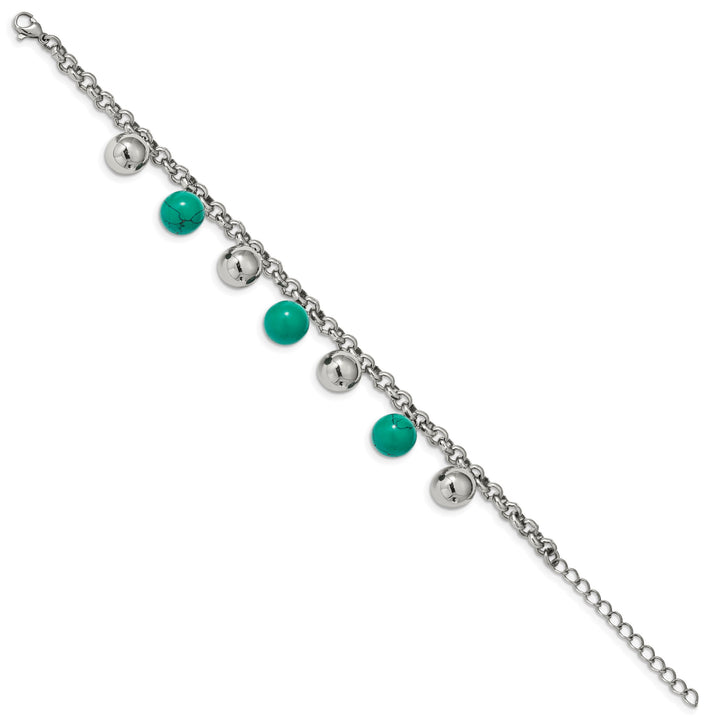 Stainless Steel w/Imit.Turquoise Beads w/2in ext. 7in Bracelet