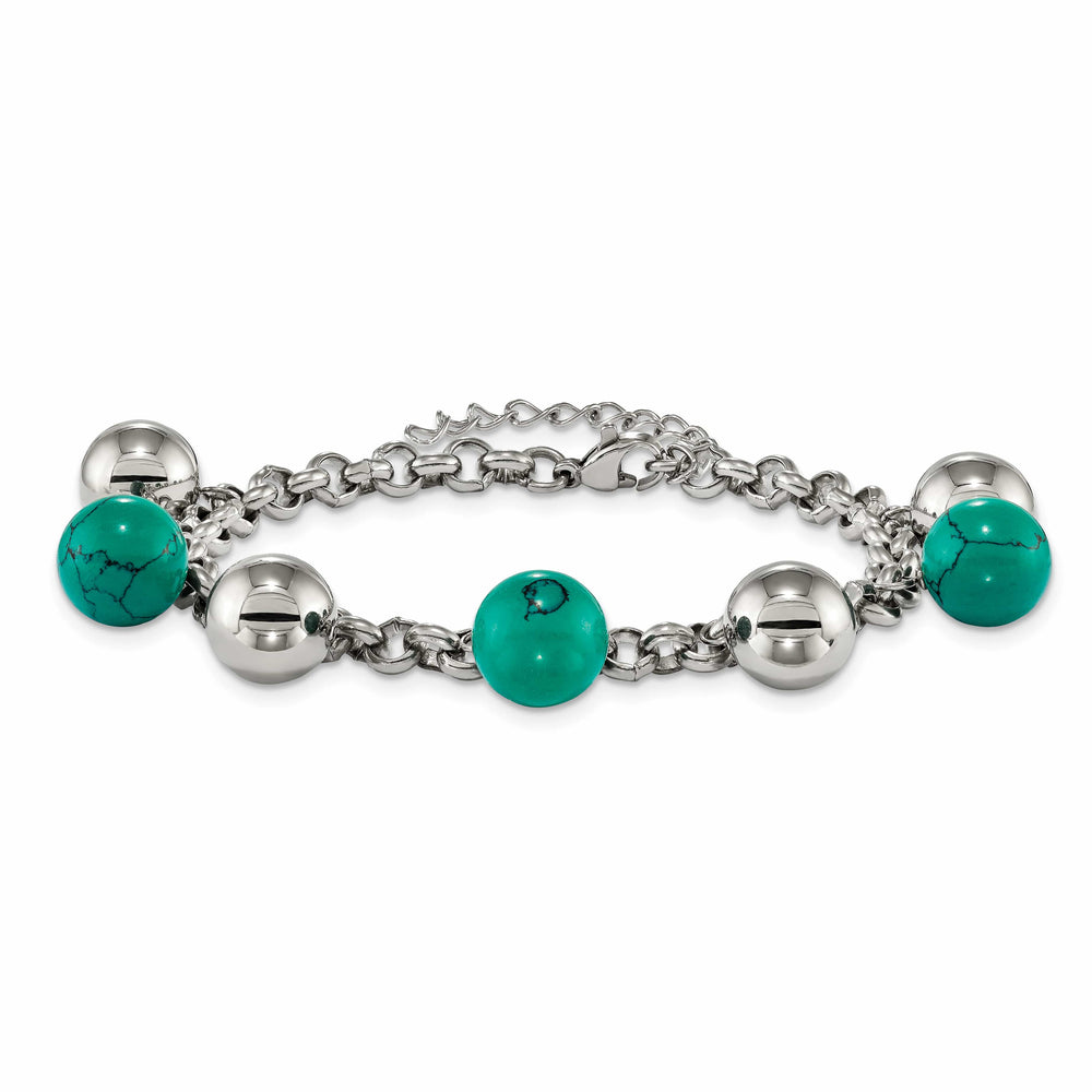 Stainless Steel w/Imit.Turquoise Beads w/2in ext. 7in Bracelet