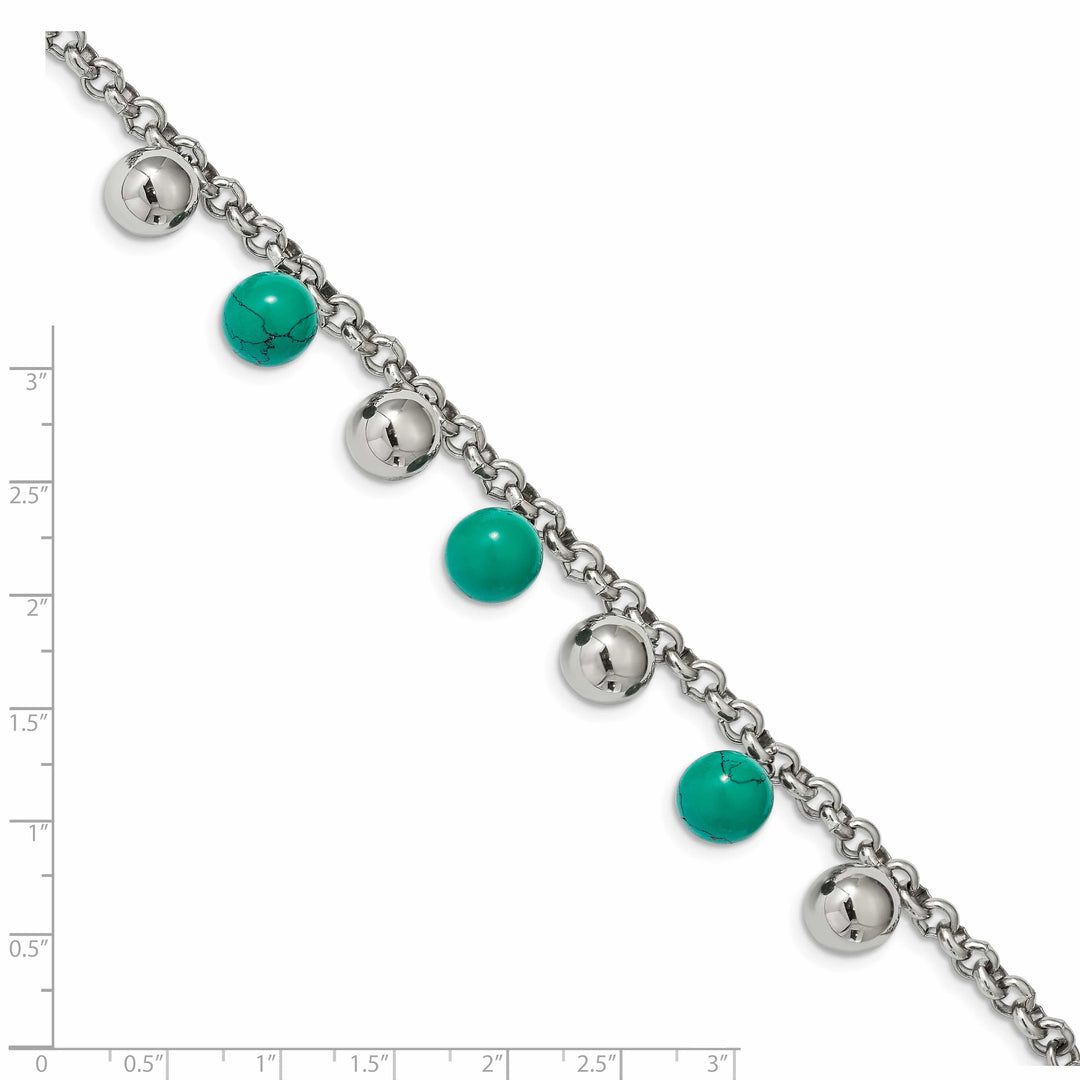 Stainless Steel w/Imit.Turquoise Beads w/2in ext. 7in Bracelet