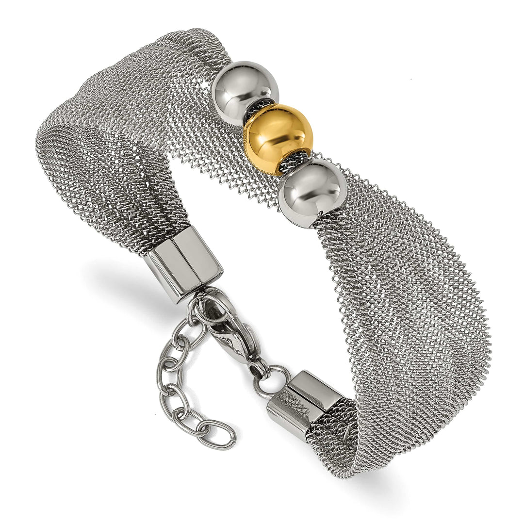 Stainless Steel Yellow IP-plated Bead Mesh 7in w/1in ext. Bracelet