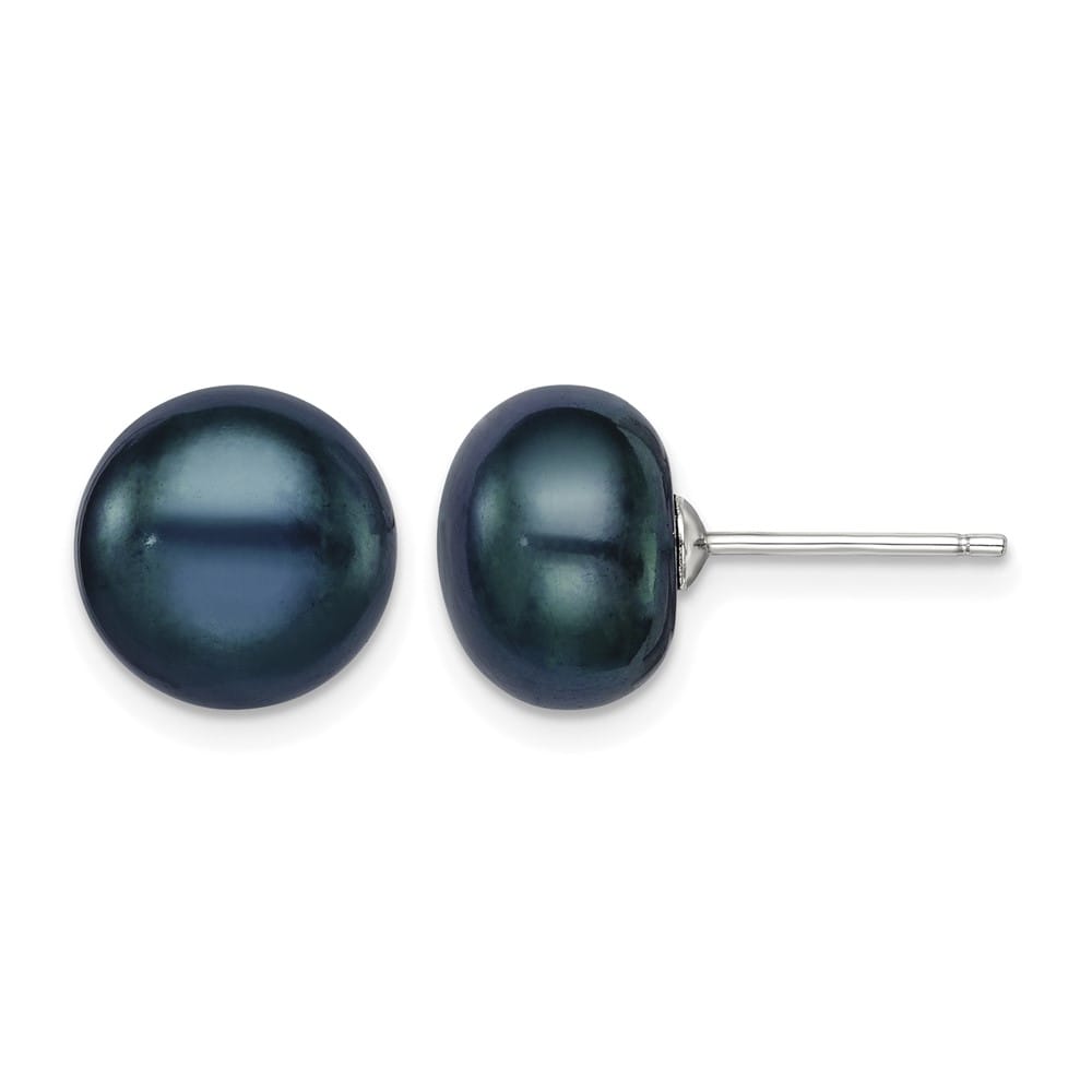 Sterling Silver 10-11mm Black Button Freshwater Pearl Post Earrings, view 1 of 4