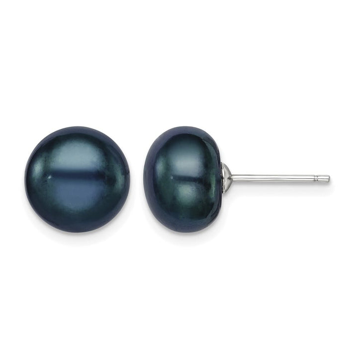 Sterling Silver 10-11mm Black Button Freshwater Pearl Post Earrings, view 1 of 4