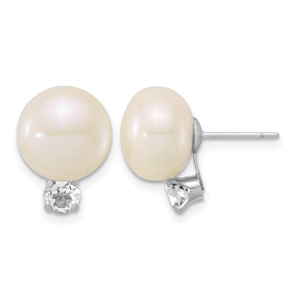 Sterling Silver 10-11mm Fwc Button Pearl White Topaz Earrings, view 1 of 5