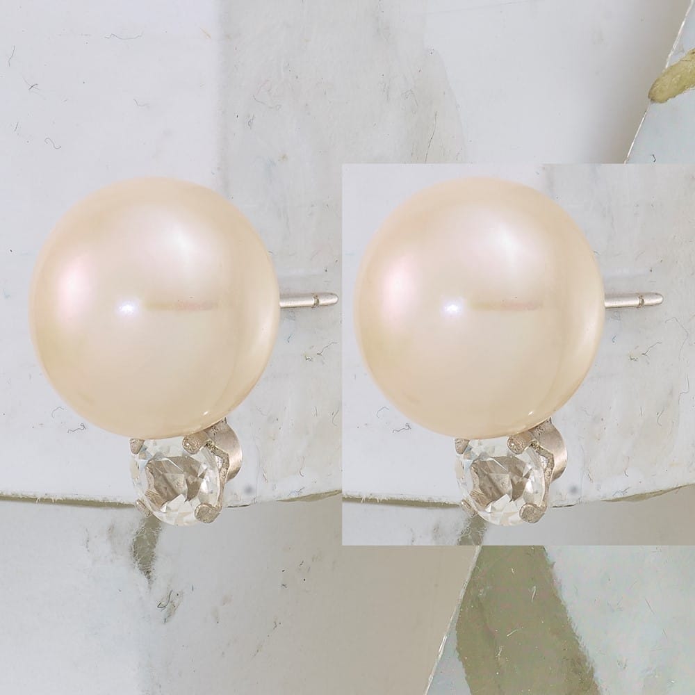 Sterling Silver 10-11mm Fwc Button Pearl White Topaz Earrings, view 2 of 5