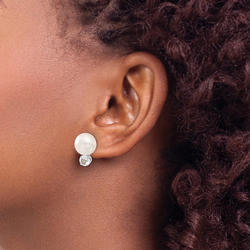 Sterling Silver 10-11mm Fwc Button Pearl White Topaz Earrings, view 3 of 5